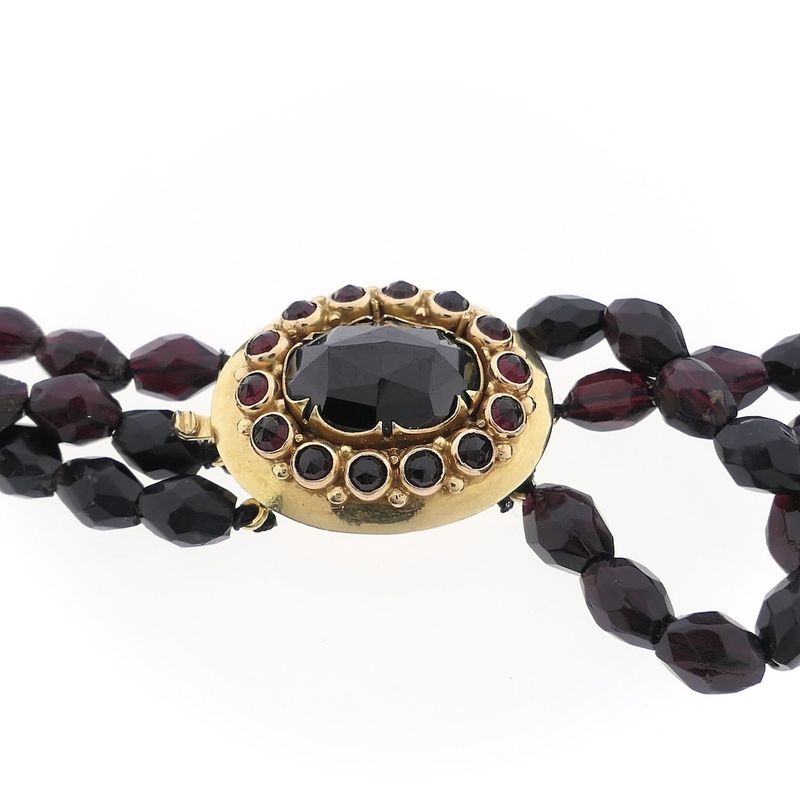 Image 5 of Antique garnet bead necklace with gold decorative clasp.