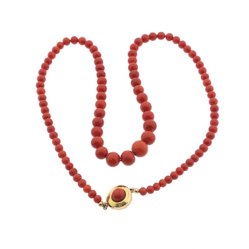 Image 8 of Antique blood coral bead necklace with gold decorative clasp.