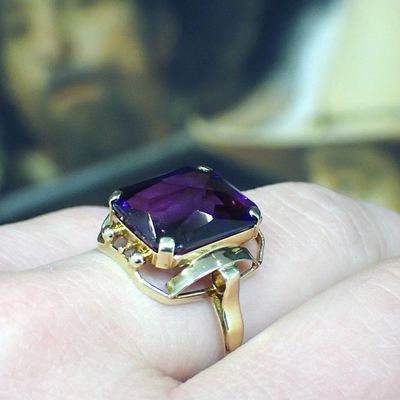 Image 2 of Vintage gold cocktail ring with synthetic sapphire