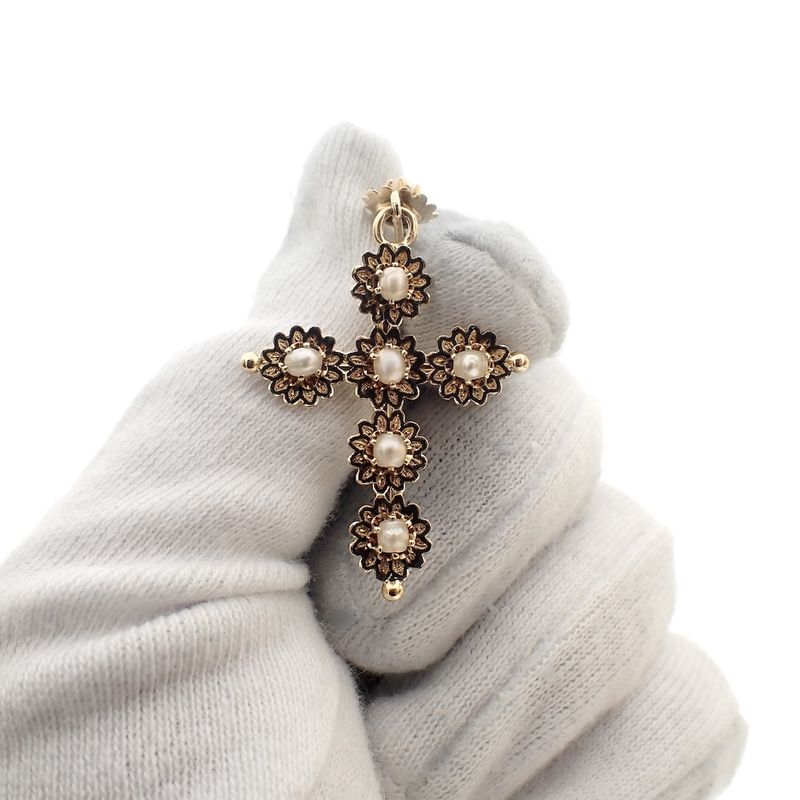 Image 2 of Gold Victorian pendant of a cross with pearl
