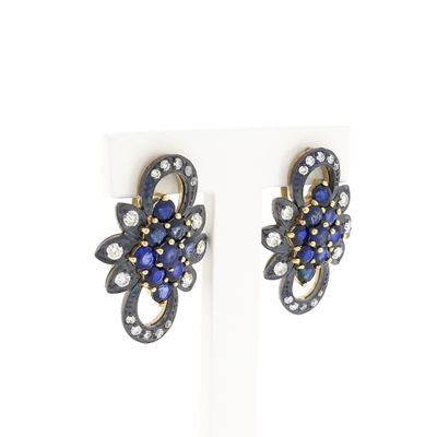 Image 2 of Gold/silver earrings with sapphire and diamond; Approx. 0.51 ct.
