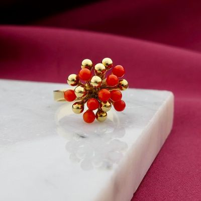 Image 2 of Gold entourage ring with red coral