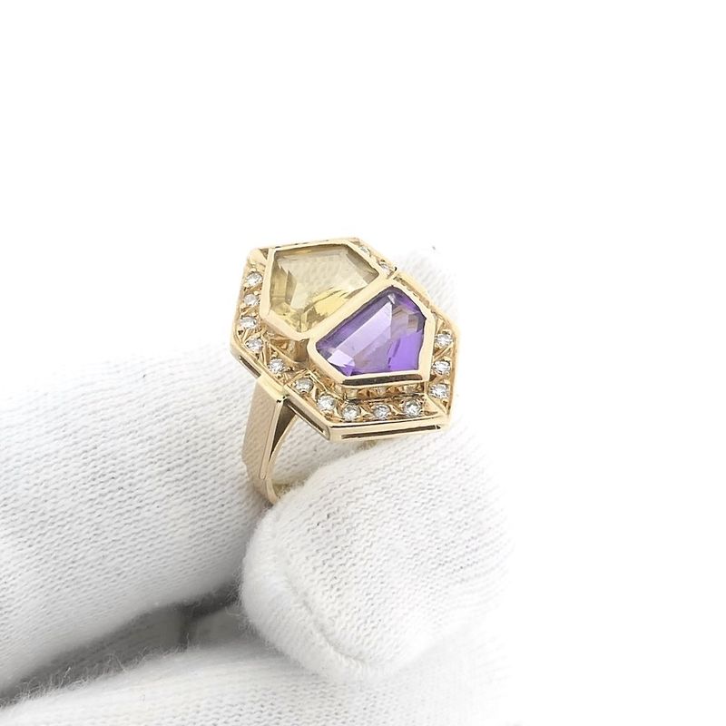 Image 9 of Vintage gold ring with citrine, amethyst and diamonds; 0.20 ct.