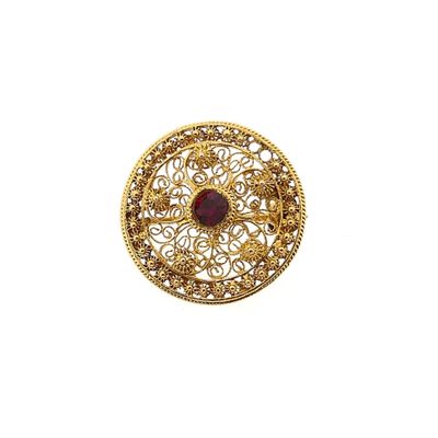 Image 1 of Filigree Brooch with Red Zirconia; 20 Karat