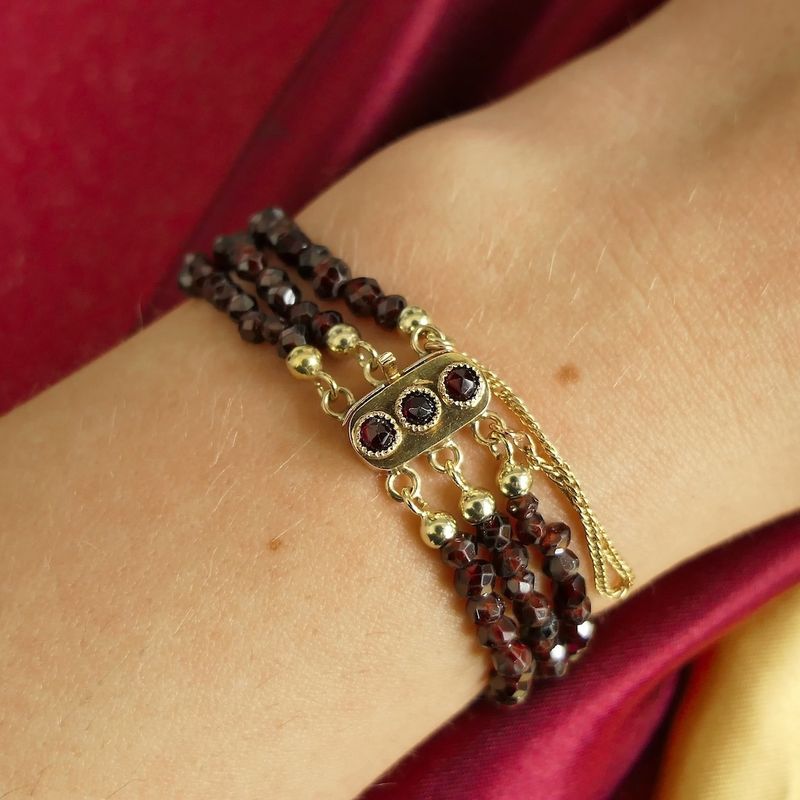 Image 12 of Antique garnet bead bracelet with gold decorative clasp; Antique