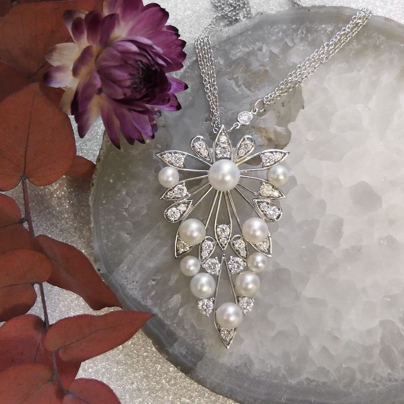 Image 3 of UTOPIA Art Deco white gold necklace with pearl and diamond 1.75 ct.