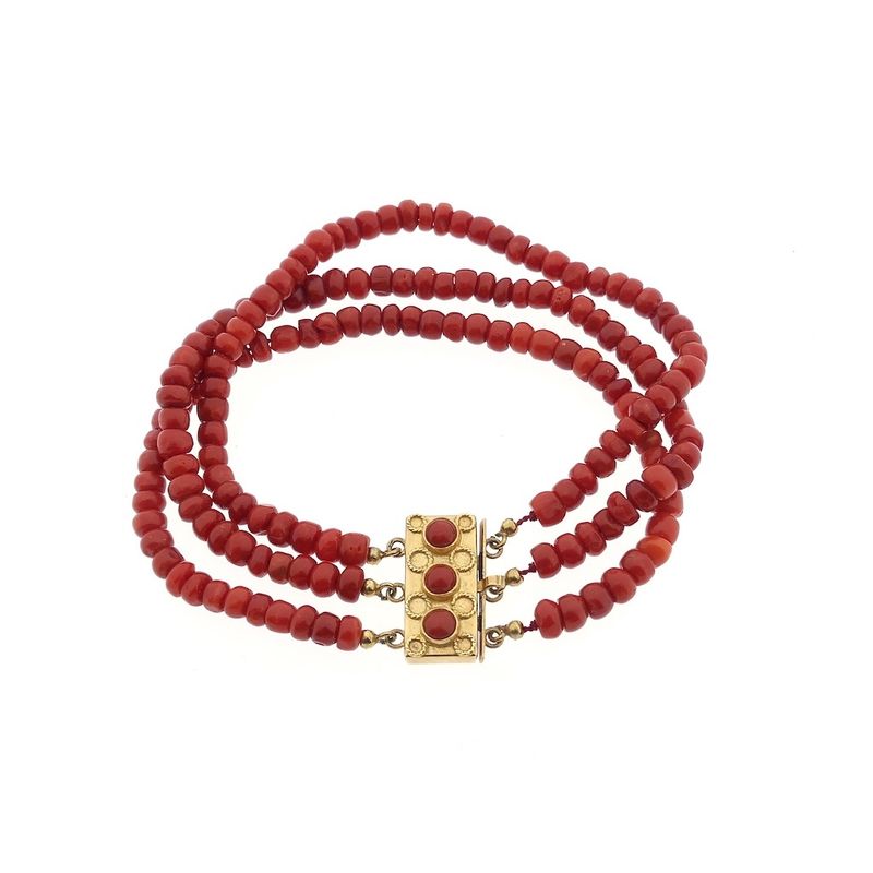 Image 3 of Antique red coral beaded bracelet with gold clasp.