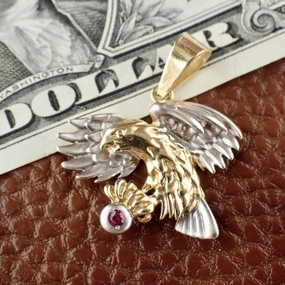 Image 2 of Two-tone gold pendant of Eagle with ruby