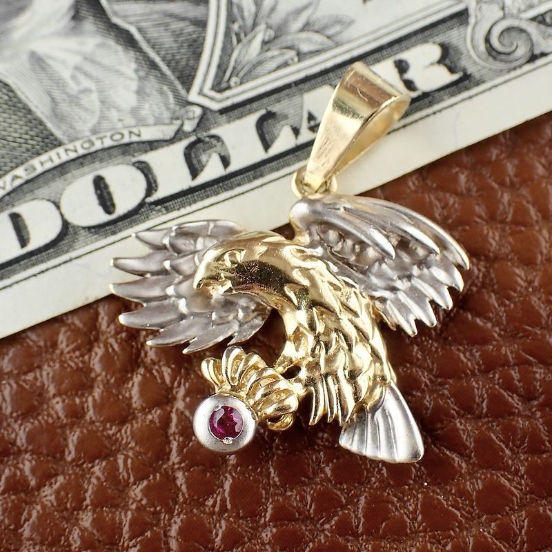 Image 2 of Two-tone gold pendant of Eagle with ruby