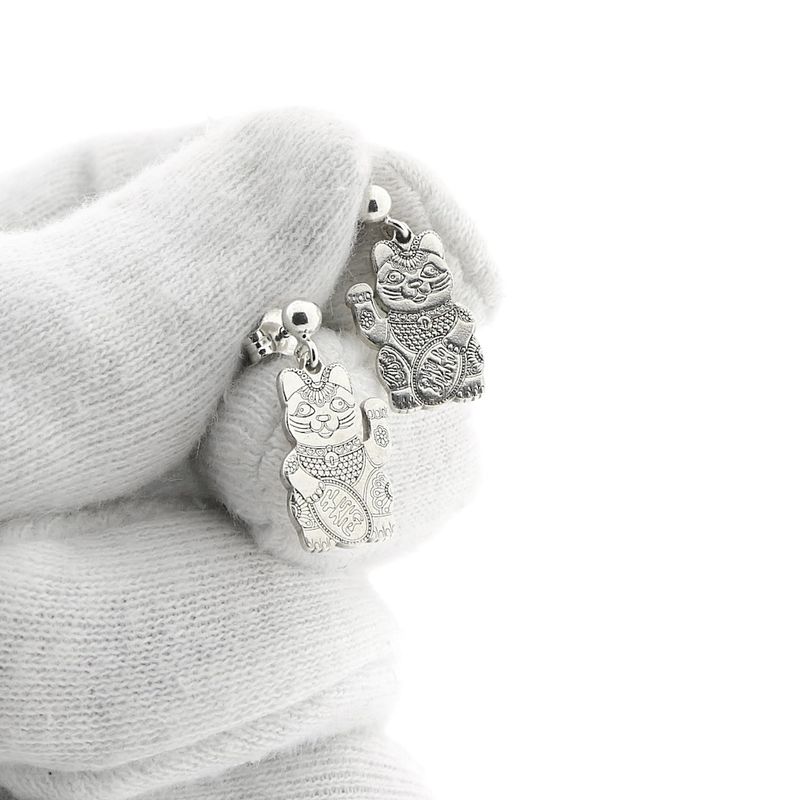Image 2 of Silver earrings of a Chinese lucky cat; Maneki-neko