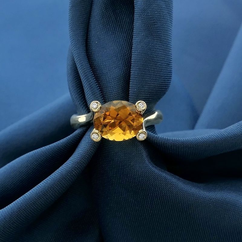 Image 8 of Gold solitaire ring with citrine and diamond; 0.08 ct.