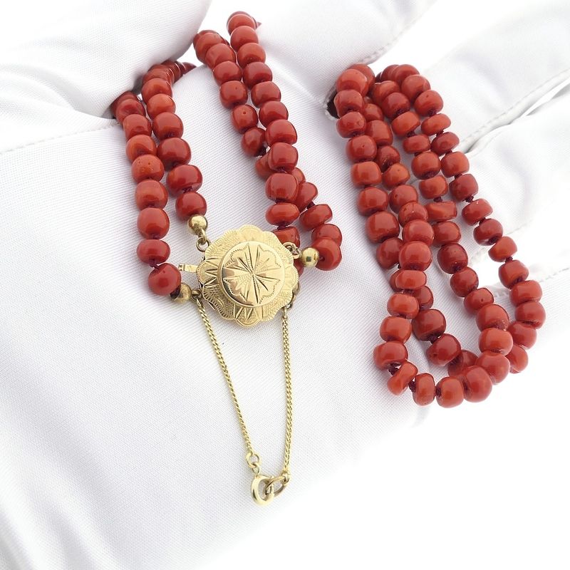 Image 10 of Antique blood coral bead necklace with gold clasp.