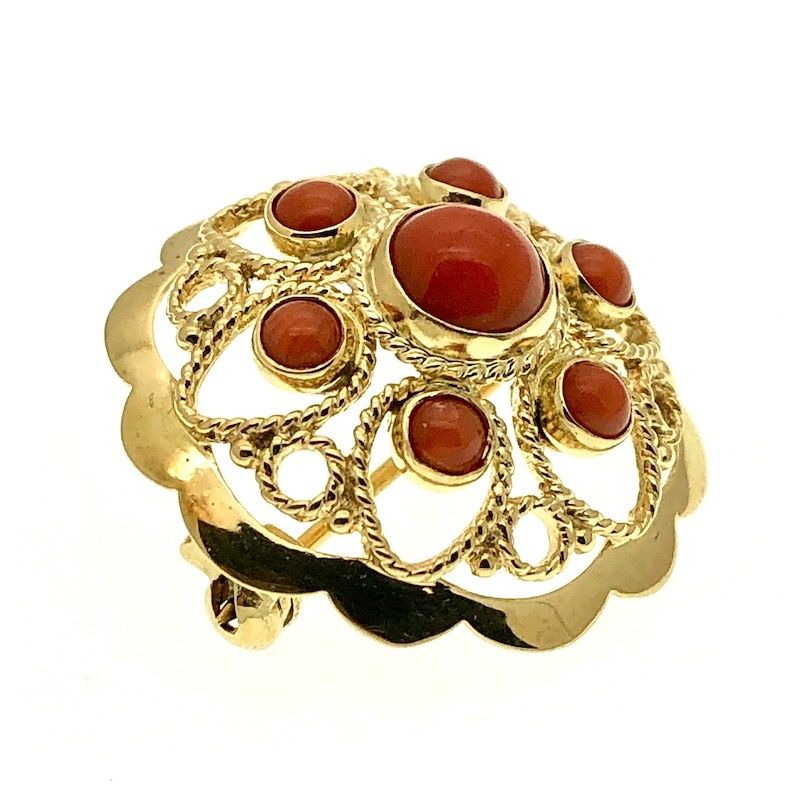 Image 2 of Antique gold brooch with red coral; filigree