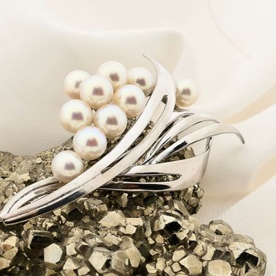 Image 2 of 14K Vintage White Gold Brooch with Cultured Pearls