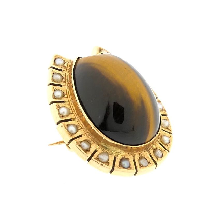 Image 3 of Gold brooch with tiger's eye and pearls