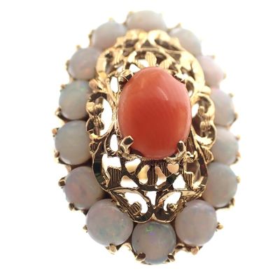 Image 2 of 18 ct. Gold antique ring with opal and red coral