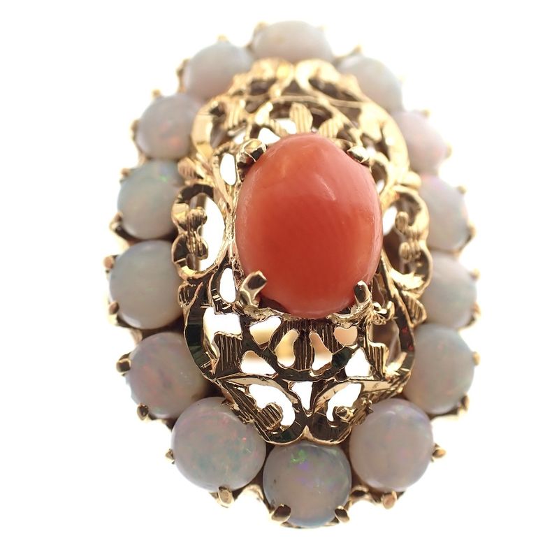 Image 2 of 18 ct. Gold antique ring with opal and red coral