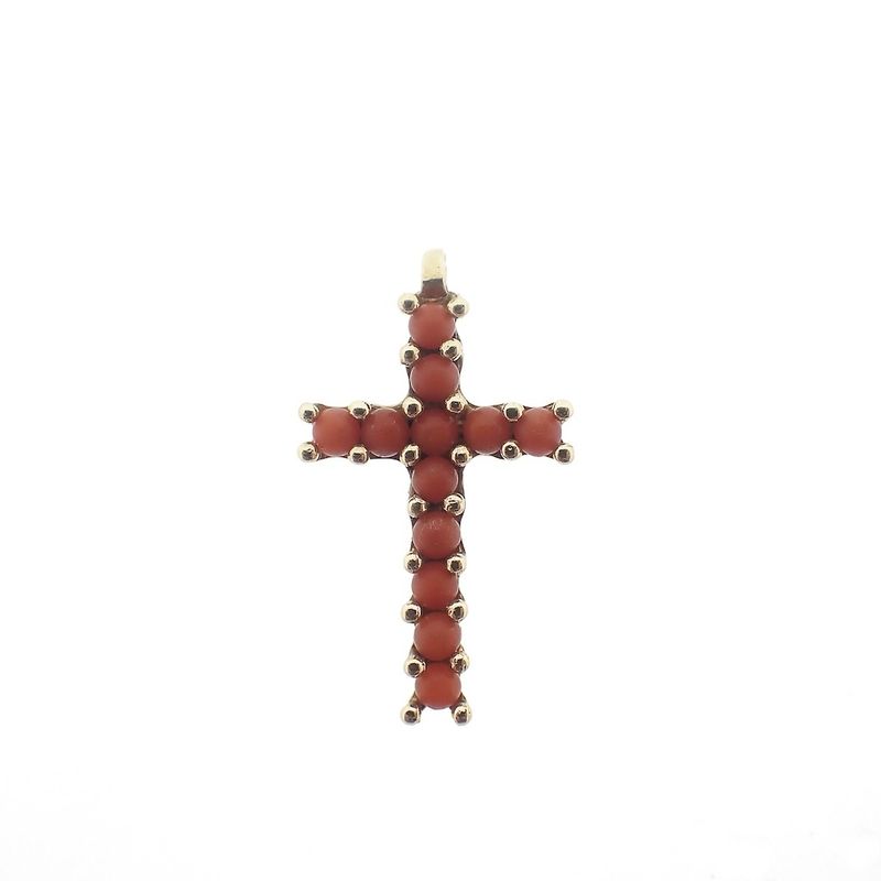 Image 1 of Vintage gold pendant of a cross with blood coral