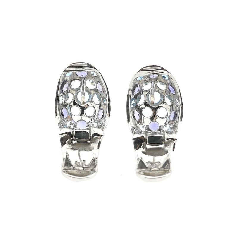 Image 6 of White gold domed stud earrings with aquamarine and amethyst