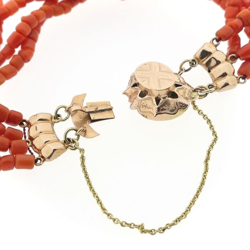 Image 4 of Antique red coral beaded bracelet with bicolor gold clasp.