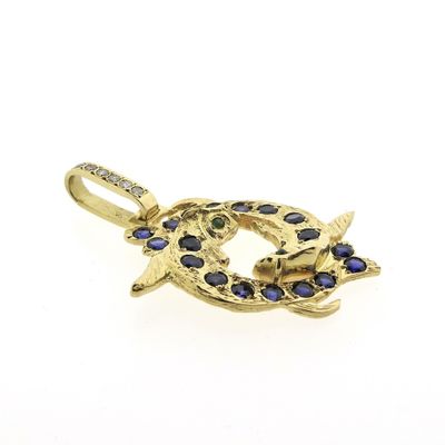 Solid gold zodiac sign pendant with sapphire, emerald and diamonds; Pisces Image 2 of Solid gold zodiac sign pendant with sapphire, emerald and diamonds; Pisces