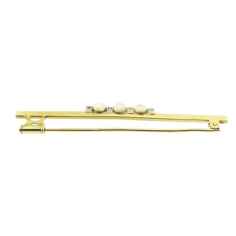 Image 4 of Golden long narrow brooch with pearl and diamonds; 0.10 ct.
