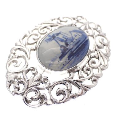 Image 2 of Silver old Dutch brooch with Delft blue