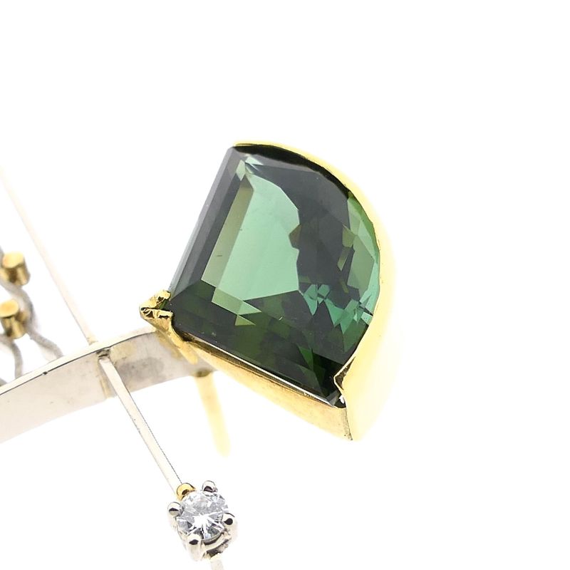 Image 11 of Bicolor Gold Brooch with Green Tourmaline and Diamond; 0.05 ct.; 14 Karat