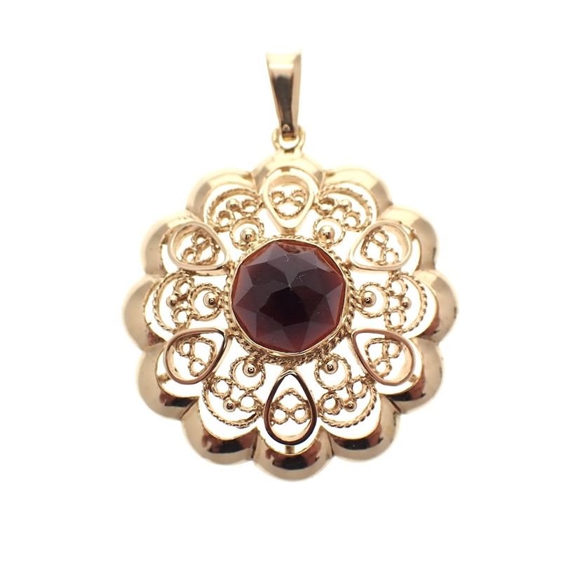 Image 1 of Vintage gold pendant with garnet; filigree technique