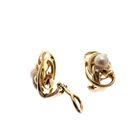 Image 2 of Vintage gold clip-on earrings with pearl and diamonds; 0.08 ct.