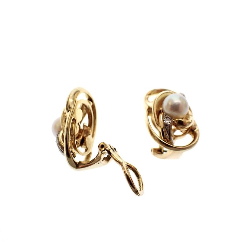 Image 2 of Vintage gold clip-on earrings with pearl and diamonds; 0.08 ct.