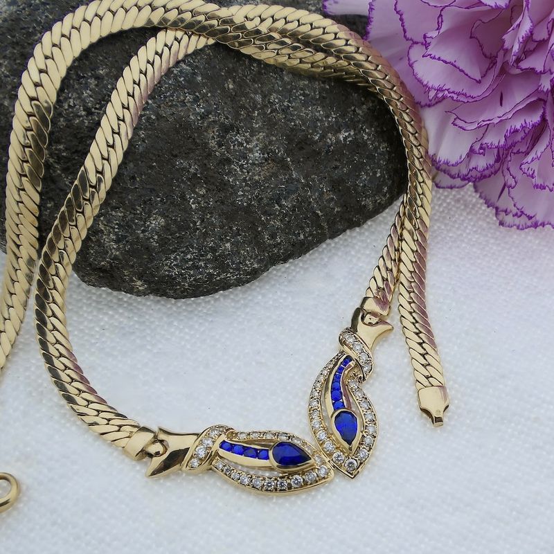 Image 12 of Gold flat gourmet link necklace with synthetic sapphire and zirconia