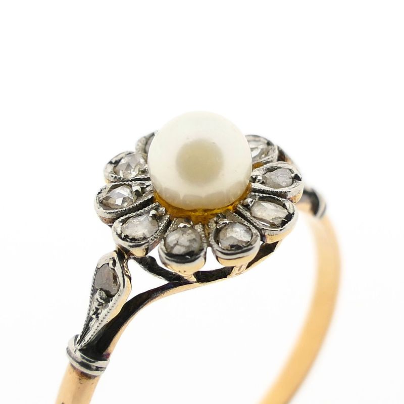 Image 3 of Bicolor Gold Ring with Cultured Pearl and Diamond; approx. 0.10 ct.