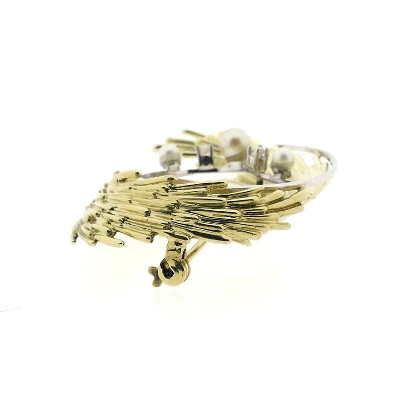 Image 8 of Vintage two-tone gold brooch with pearl and diamonds; 0.06 ct.