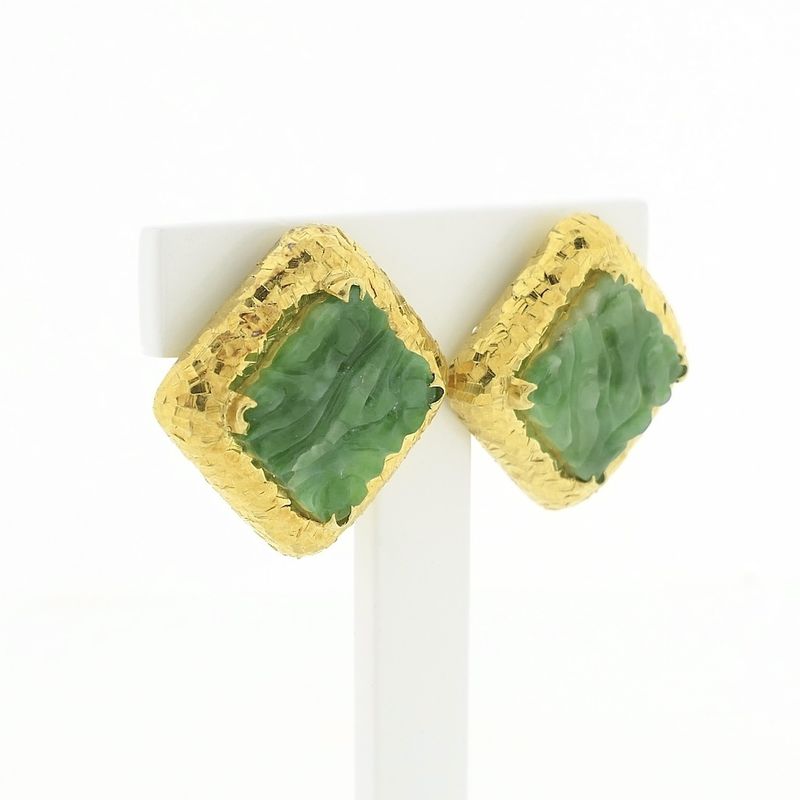 Image 3 of Vintage gold clip-on earrings with jade.