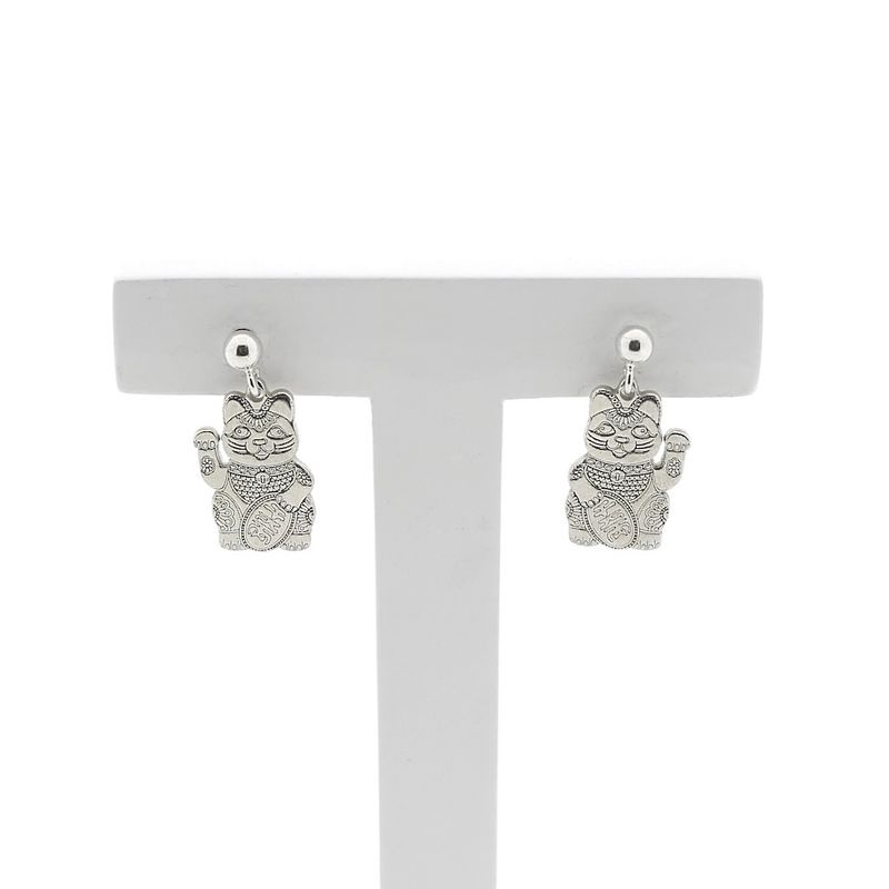 Image 4 of Silver earrings of a Chinese lucky cat; Maneki-neko