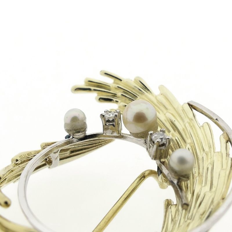 Image 4 of Vintage two-tone gold brooch with pearl and diamonds; 0.06 ct.