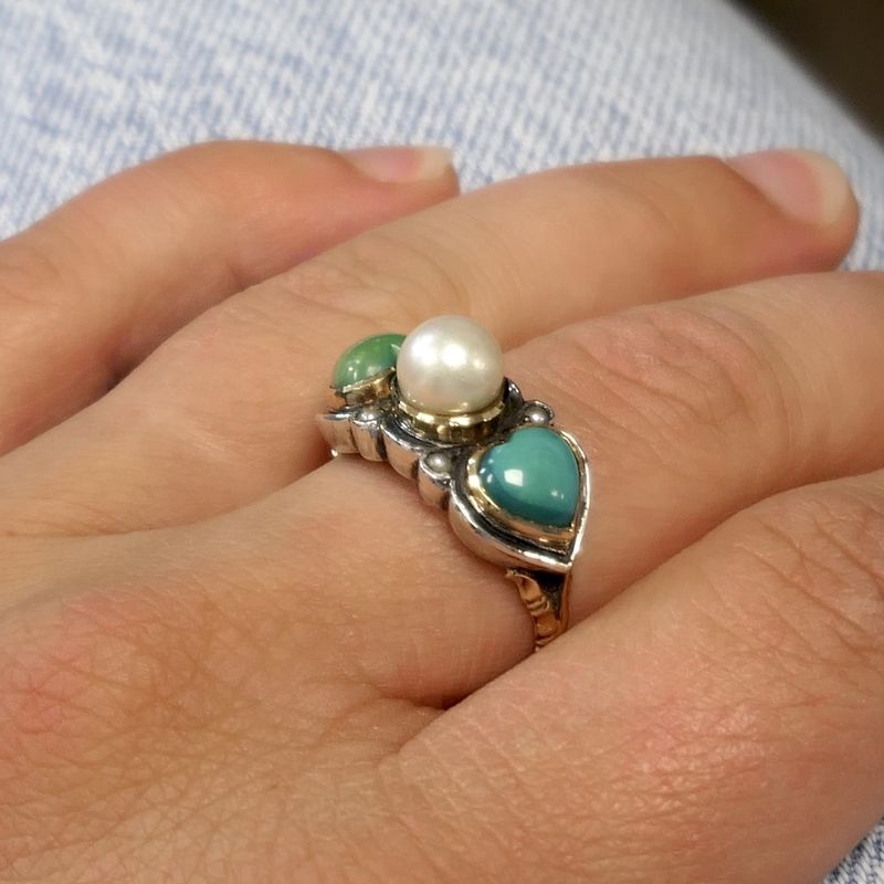 Image 3 of Gold and silver ring with aventurine, pearl and turquoise