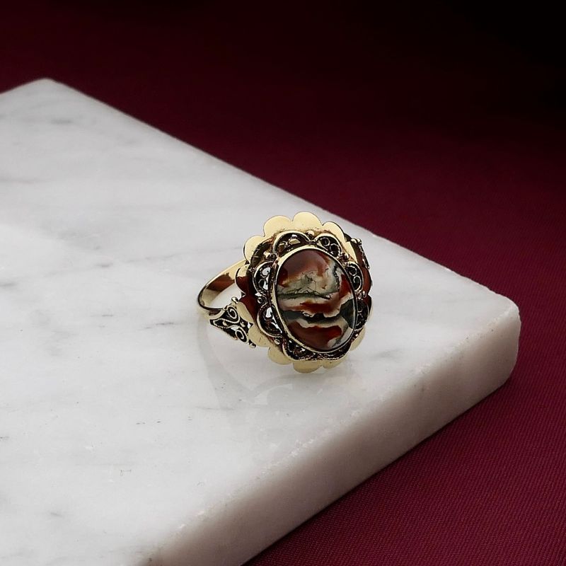 Image 2 of Gold Ring with Moss Agate; 14 Karat; Size 20.5