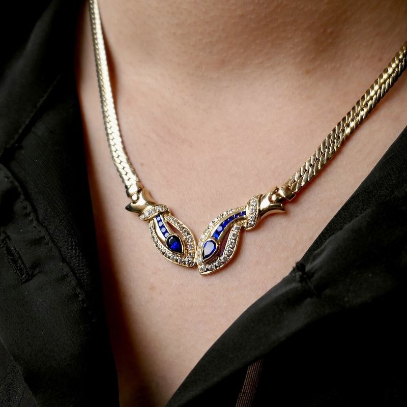 Image 11 of Gold flat gourmet link necklace with synthetic sapphire and zirconia