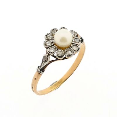 Image 1 of Bicolor Gold Ring with Cultured Pearl and Diamond; approx. 0.10 ct.