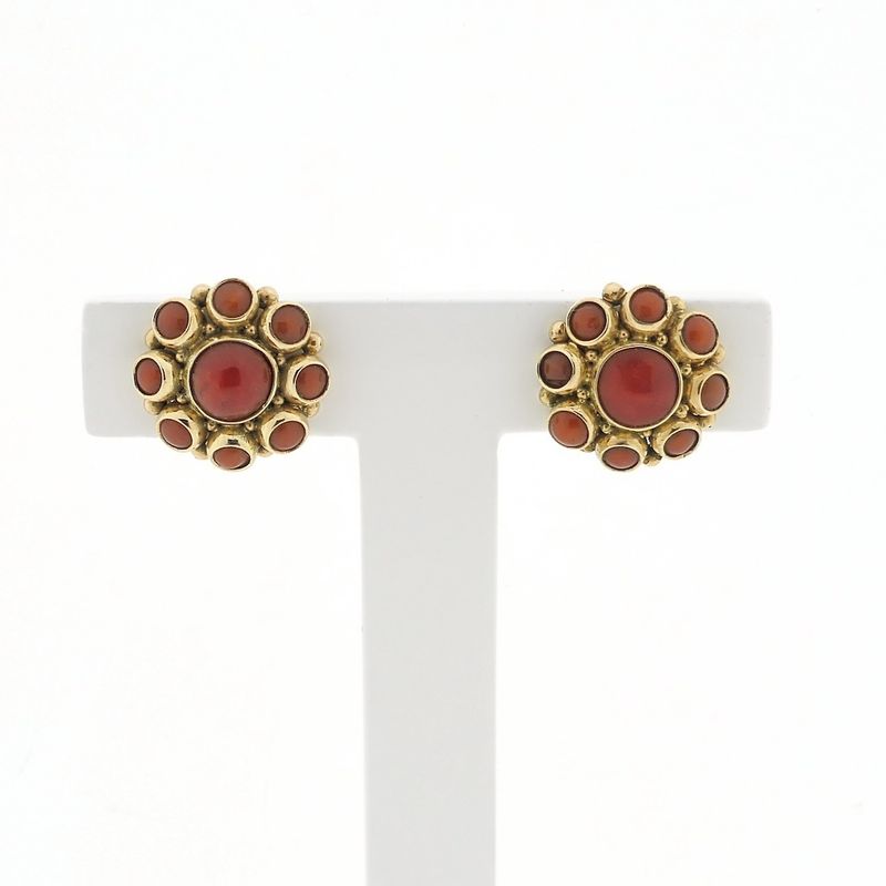 Image 1 of Gold stud earrings with red coral