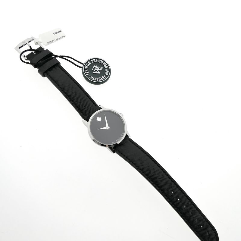Image 9 of Movado Museum Classic; Steel women's watch with black dial and leather strap; 0607220