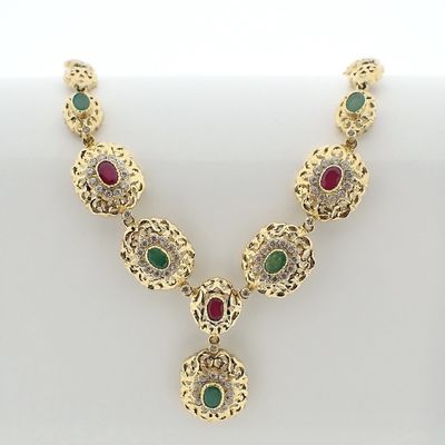 Image 1 of Golden oriental necklace with ruby ​​and emerald