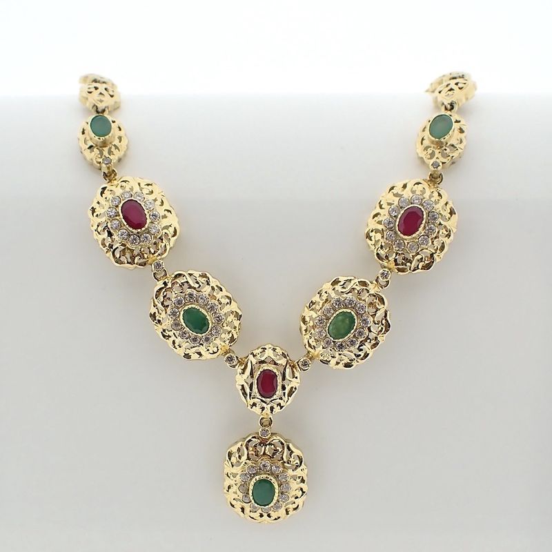 Image 1 of Golden oriental necklace with ruby ​​and emerald