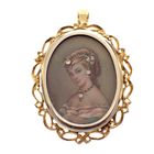 Image 1 of Vintage two-tone gold pendant/brooch with a painted portrait and diamonds; 0.015 ct.