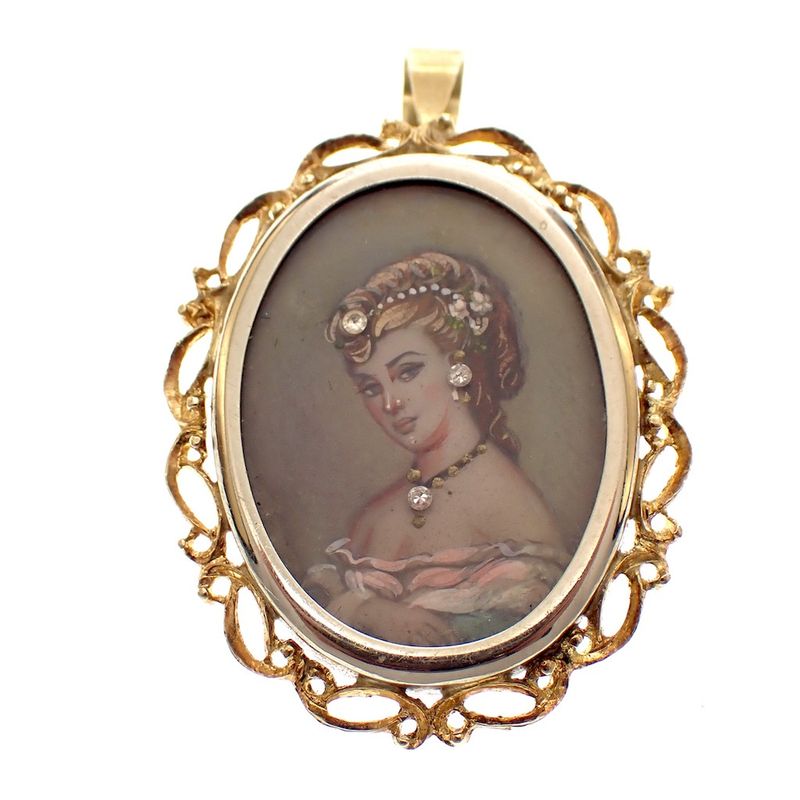 Image 1 of Vintage two-tone gold pendant/brooch with a painted portrait and diamonds; 0.015 ct.