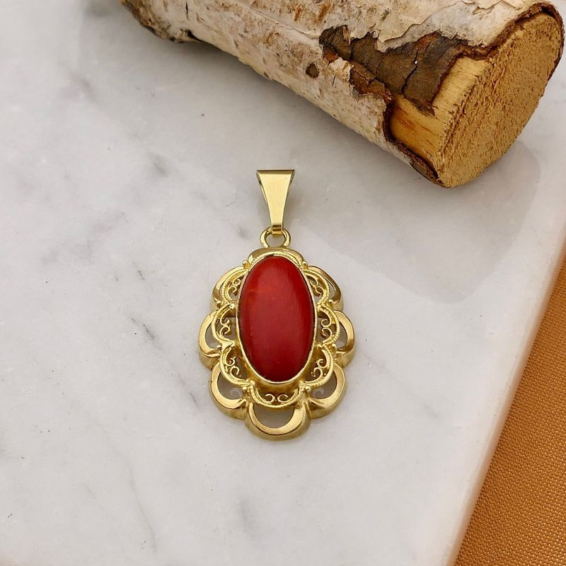 Image 2 of Antique Gold Pendant with Blood Coral