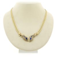 Gold flat gourmet link necklace with synthetic sapphire and zirconia