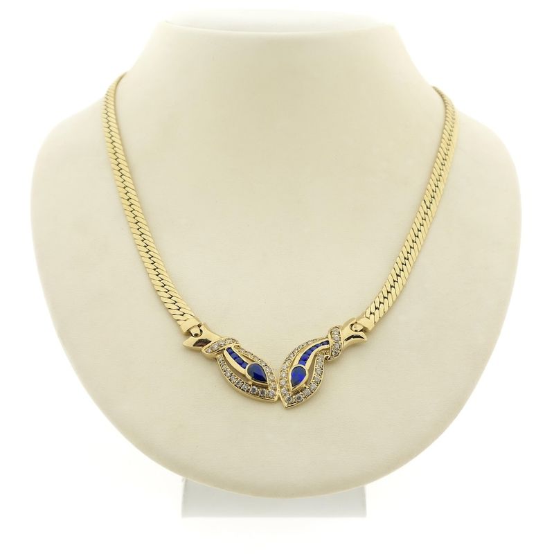 Image 1 of Gold flat gourmet link necklace with synthetic sapphire and zirconia